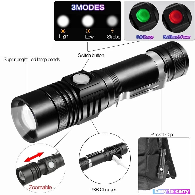 Outdoor Tactical Zoom LED Flashlight Waterproof USB Rechargeable High Power LED Torch For Camping 1