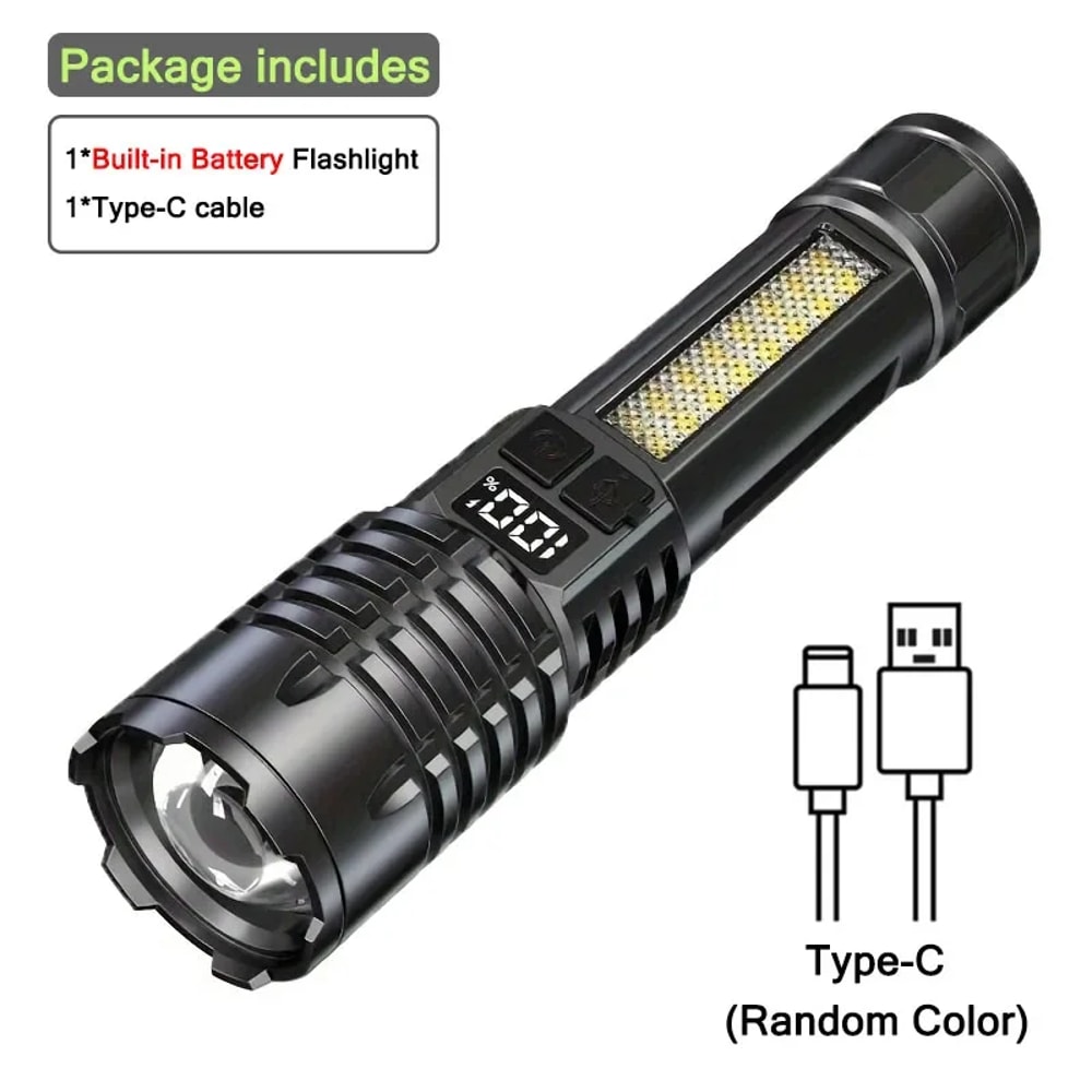 High Power LED Flashlight With Type Rechargeable Battery And Waterproof Torch COB Side Light Zoom F 5