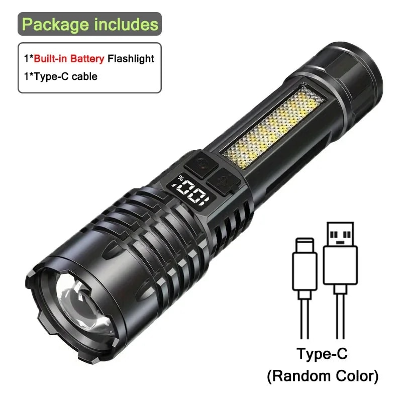 High Power LED Flashlight With Type Rechargeable Battery And Waterproof Torch COB Side Light Zoom F 5