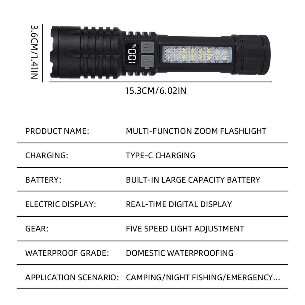 High Power LED Flashlight With Type Rechargeable Battery And Waterproof Torch COB Side Light Zoom F 4