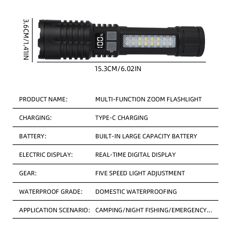 High Power LED Flashlight With Type Rechargeable Battery And Waterproof Torch COB Side Light Zoom F 4