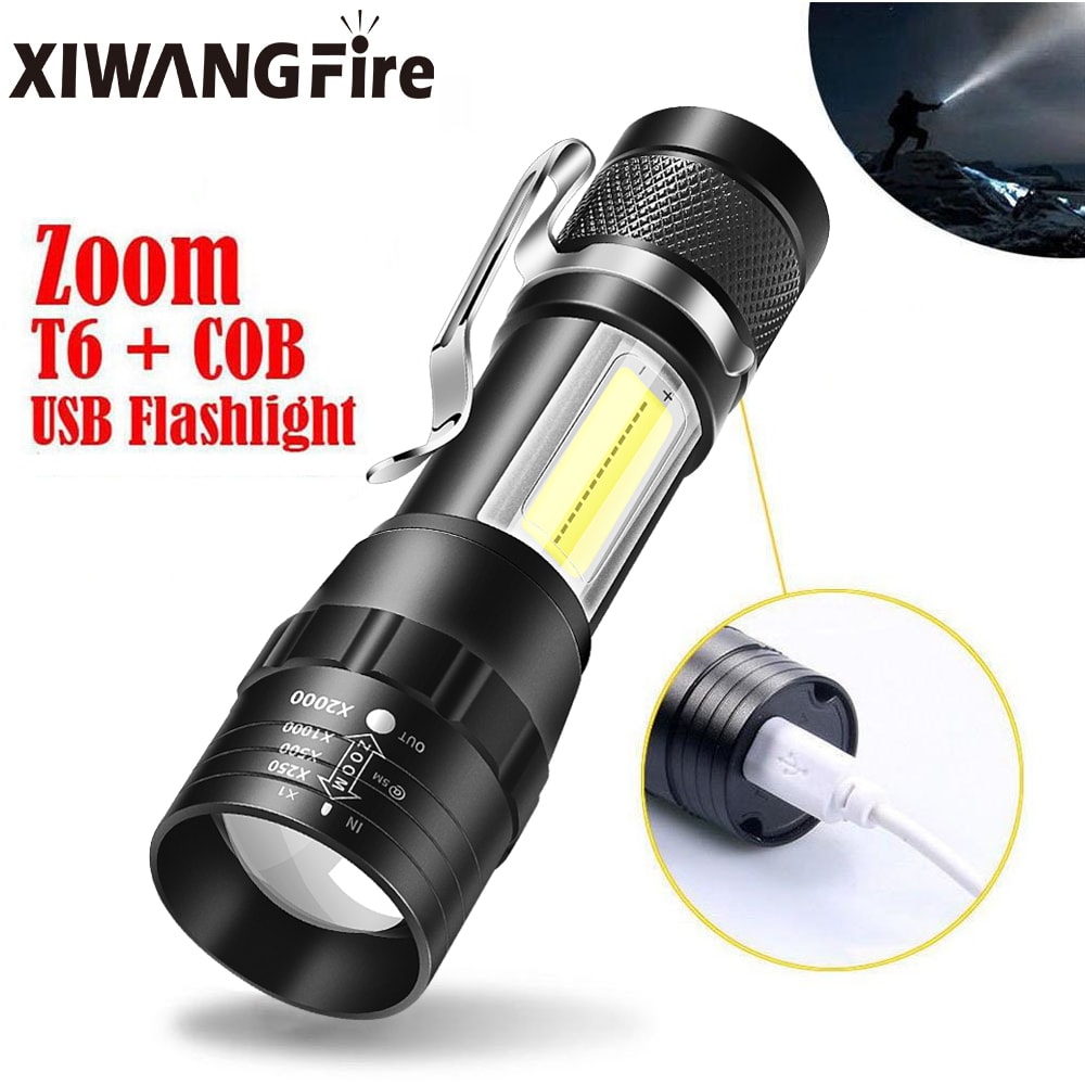 COB LED Flashlight Rechargeable Waterproof Zoomable Mode Torch With Built In Battery 1