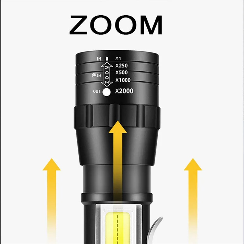 COB LED Flashlight Rechargeable Waterproof Zoomable Mode Torch With Built In Battery 4