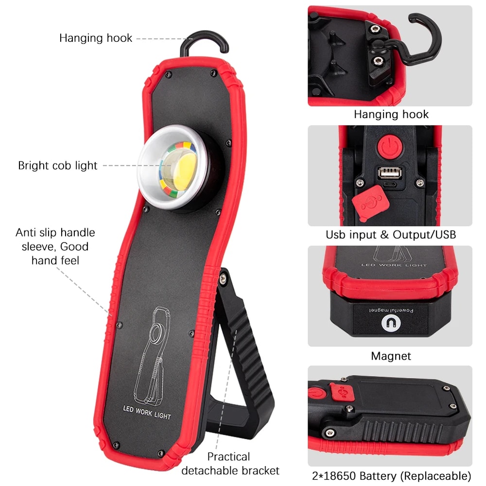 Portable LED COB Flashlight Torch USB Rechargeable Magnetic Lantern for Camping High Low Modes, Work Light