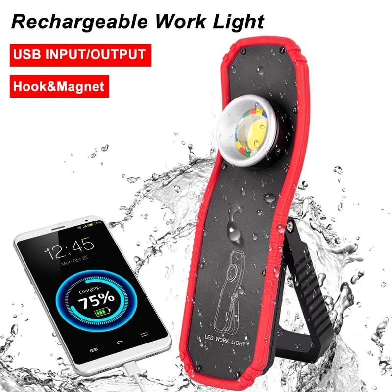 Portable LED COB Flashlight Torch USB Rechargeable Magnetic Lantern for Camping High Low Modes, Work Light