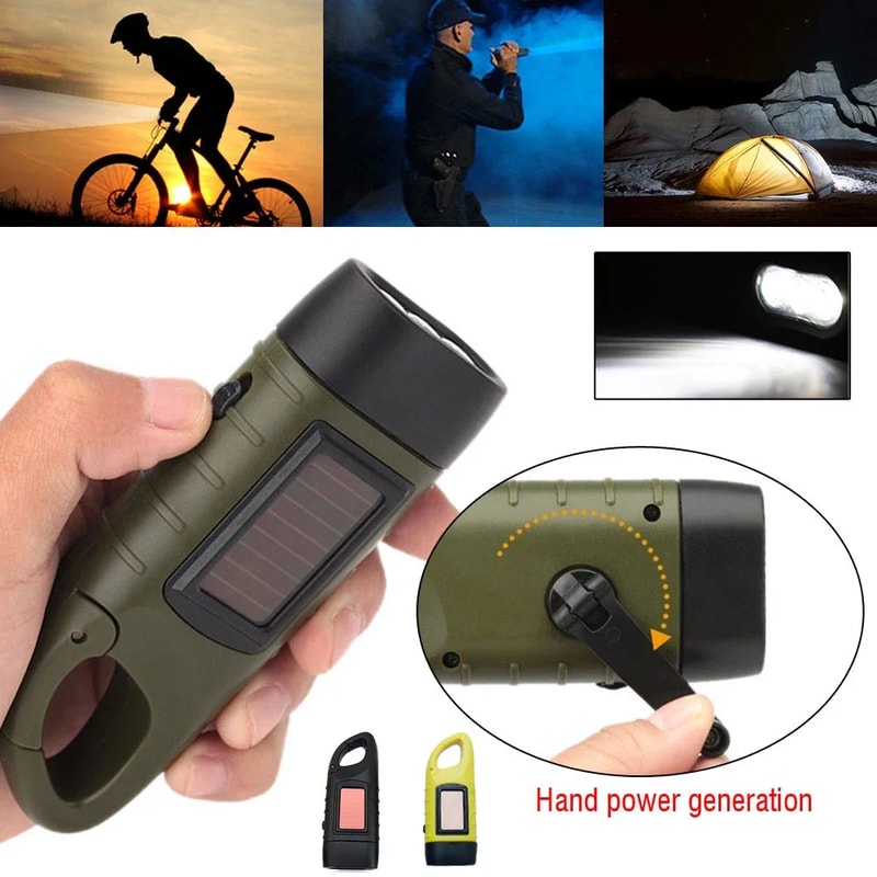 LED Solar Powered Hand Crank Flashlight for Survival Gear Rechargeable Dynamo Torch for Fishing, Hiking & Boating
