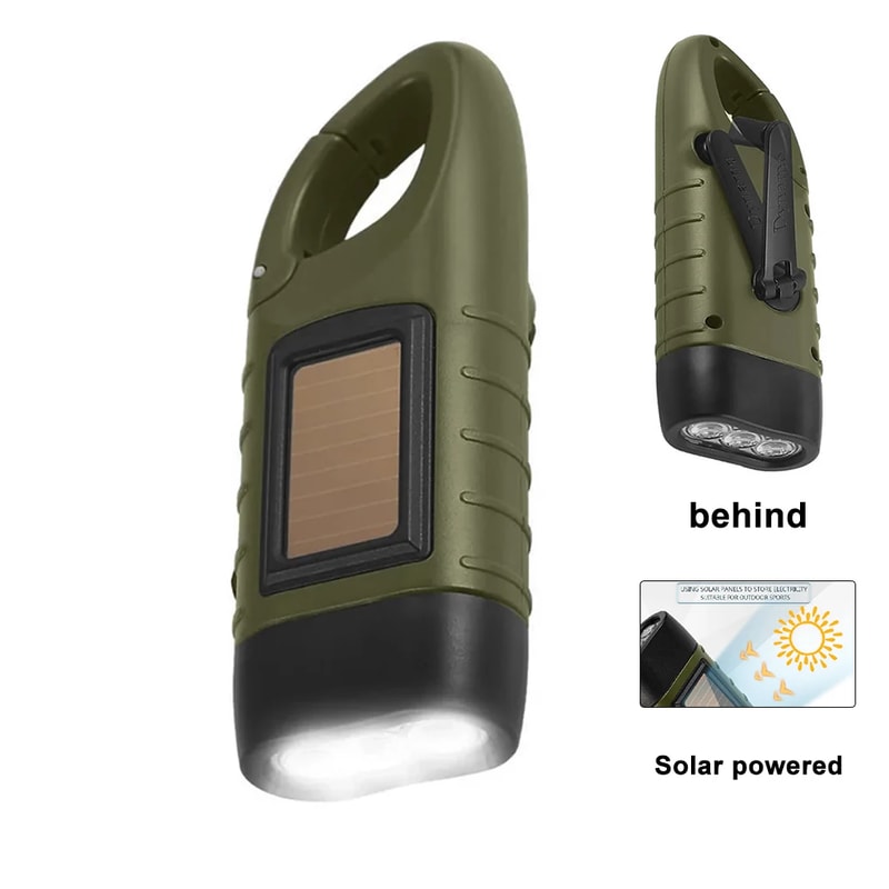 LED Solar Powered Hand Crank Flashlight for Survival Gear Rechargeable Dynamo Torch for Fishing, Hiking & Boating