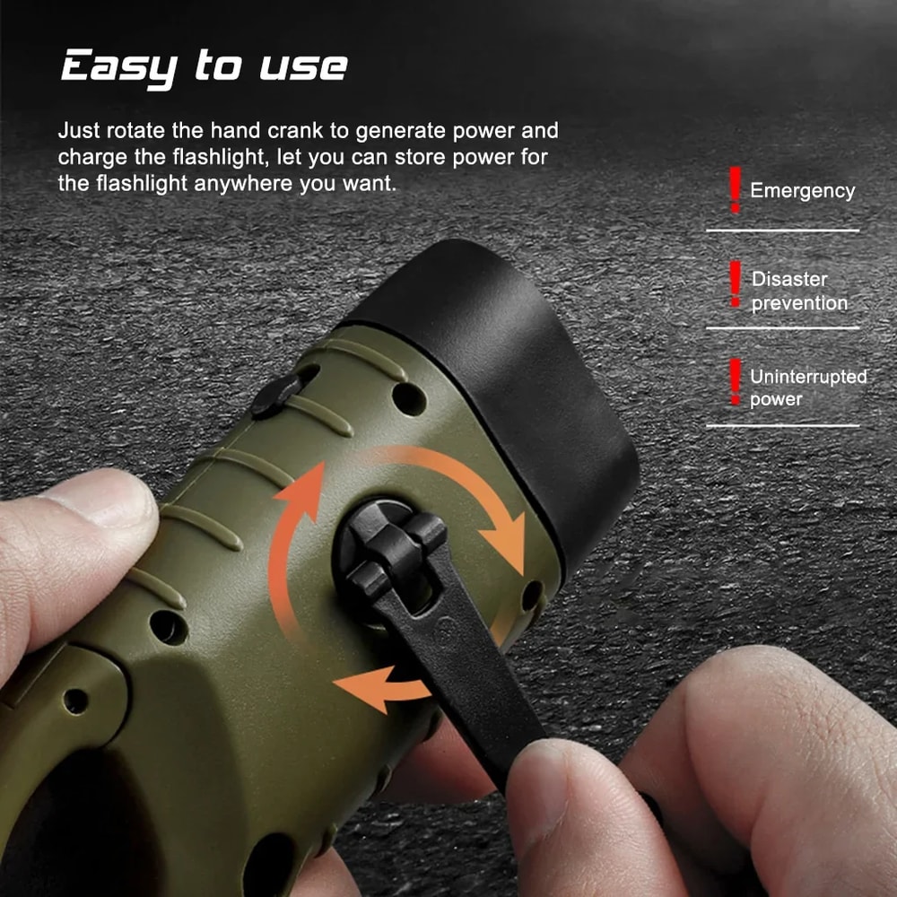 LED Solar Powered Hand Crank Flashlight for Survival Gear Rechargeable Dynamo Torch for Fishing, Hiking & Boating