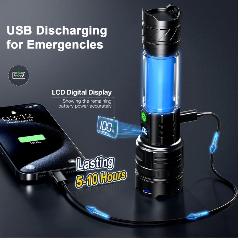 Ultra Bright Lumen LED Flashlight Rechargeable Portable USB C Torch For Outdoor Emergency Use 3