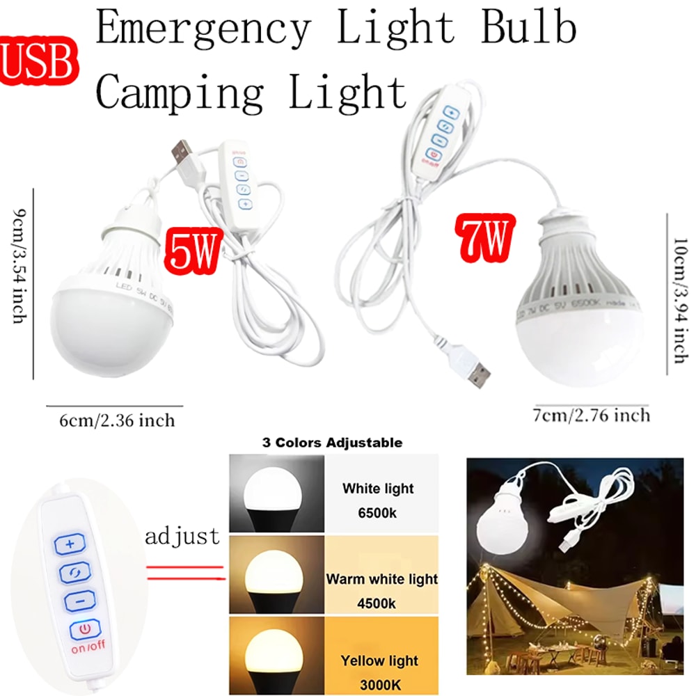 LED Camping Light USB Emergency Bulb, Color Dimmable, Hanging Tent Light for Barbecue, Fishing, and Outdoor