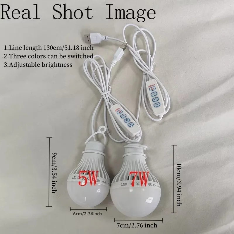 LED Camping Light USB Emergency Bulb, Color Dimmable, Hanging Tent Light for Barbecue, Fishing, and Outdoor