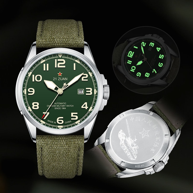 Luxury Military Men Watch with Automatic Mechanical Movement, Wear Resistant Leather Strap, Luminous Display