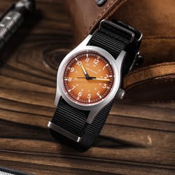 military quartz watch vintage design, luminous, sapphire crystal, and sweep seconds movement