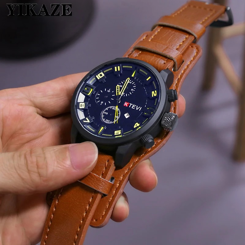 Retro Men Big Dial Leather Band Quartz Watch Business, Military, and Sports Wristwatch