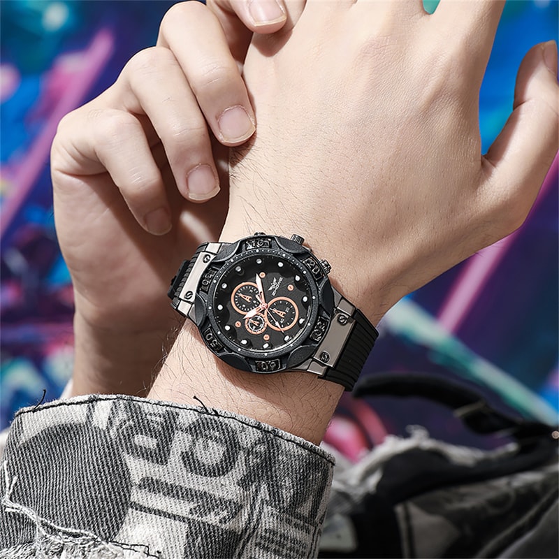 Men Military Style Quartz Watch with Triple Bezel & Brown Silicone Strap Edition