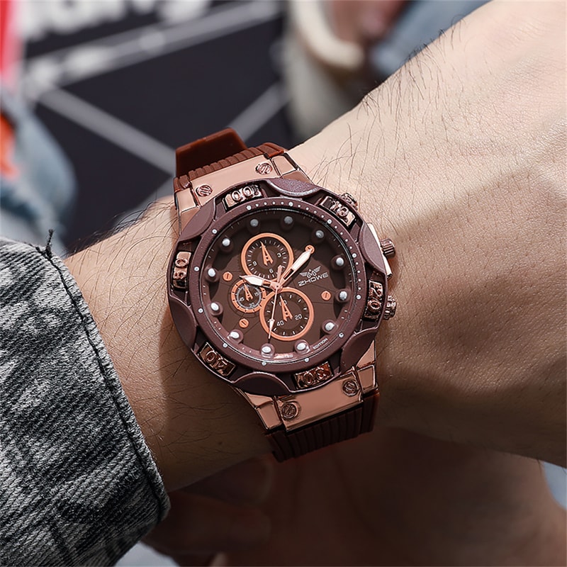 Men Military Style Quartz Watch with Triple Bezel & Brown Silicone Strap Edition