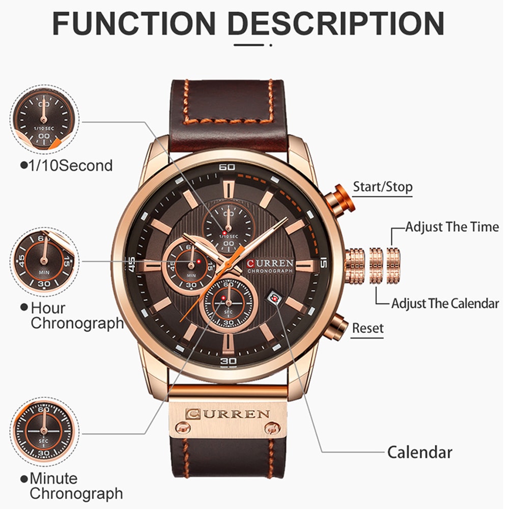 CURREN Men Military Quartz Watch With Leather Strap Chronograph Wristwatch 2