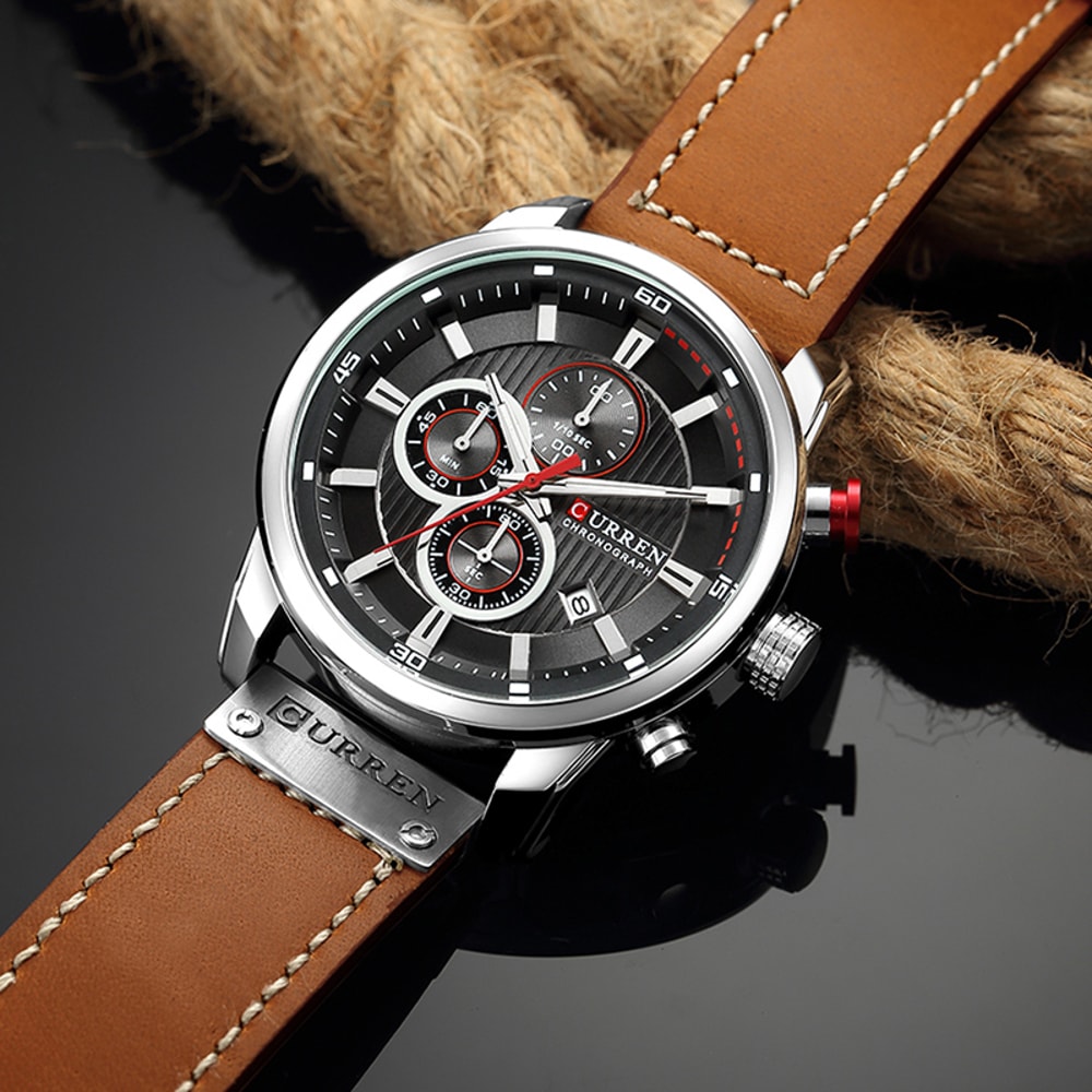 CURREN Men Military Quartz Watch With Leather Strap Chronograph Wristwatch 4
