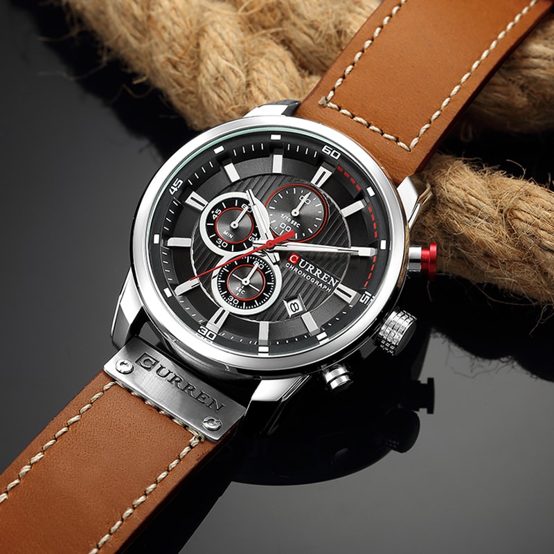 CURREN Men Military Quartz Watch With Leather Strap Chronograph Wristwatch 4