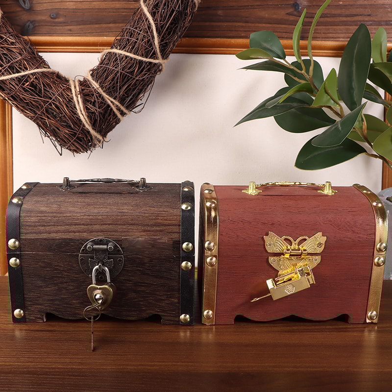 Vintage Treasure Chest With Lock Retro Wooden Storage Box For Home Decoration Savings 0