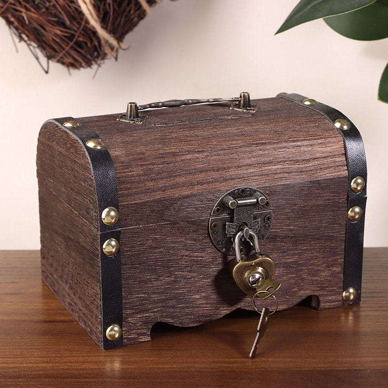 Vintage Treasure Chest With Lock Retro Wooden Storage Box For Home Decoration Savings 6