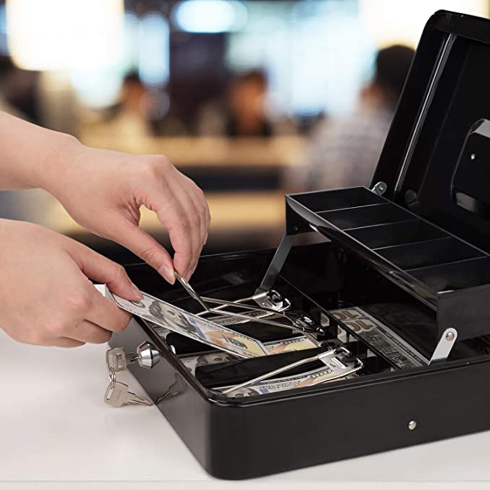 Desk Steel Safe Cash Box With Lock Coin Compartment Bill Clips For Cash Register Home Organizatio 4