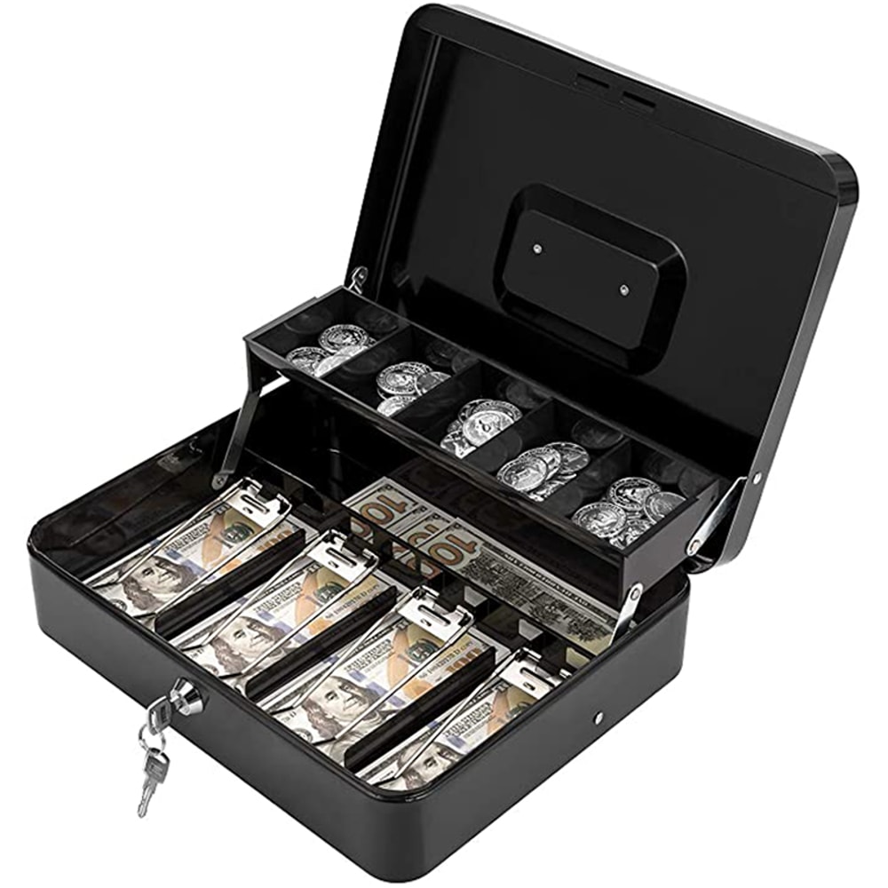 Desk Steel Safe Cash Box With Lock Coin Compartment Bill Clips For Cash Register Home Organizatio 9