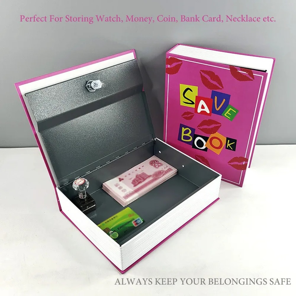 Pink Hidden Book Safe Box With CodeKey Lock Steel Simulation Money Cash Organizer Box 3