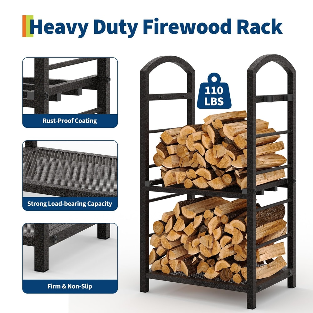 Heavy Duty Double Layer Firewood Rack Outdoor & Indoor Metal Log Holder for Fireplace, Patio, and Deck