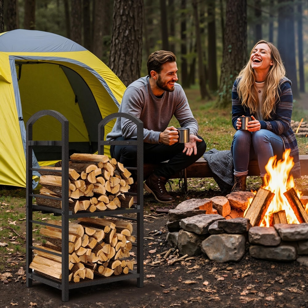 Heavy Duty Double Layer Firewood Rack Outdoor & Indoor Metal Log Holder for Fireplace, Patio, and Deck