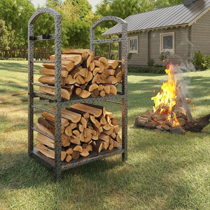 Heavy Duty Double Layer Firewood Rack Outdoor & Indoor Metal Log Holder for Fireplace, Patio, and Deck