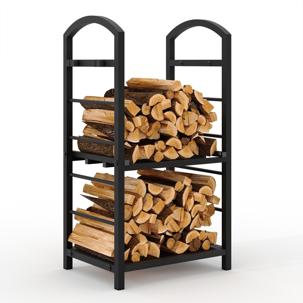Heavy Duty Double Layer Firewood Rack Outdoor & Indoor Metal Log Holder for Fireplace, Patio, and Deck