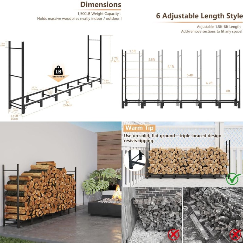Heavy Duty Adjustable Metal Log Rack for Indoor & Outdoor Firewood Storage