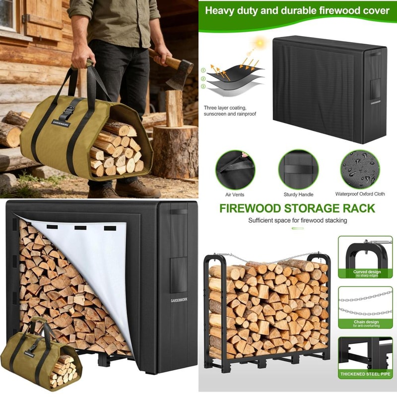 Outdoor Heavy Duty Firewood Storage Rack with Fabric Cover and Adjustable Holder