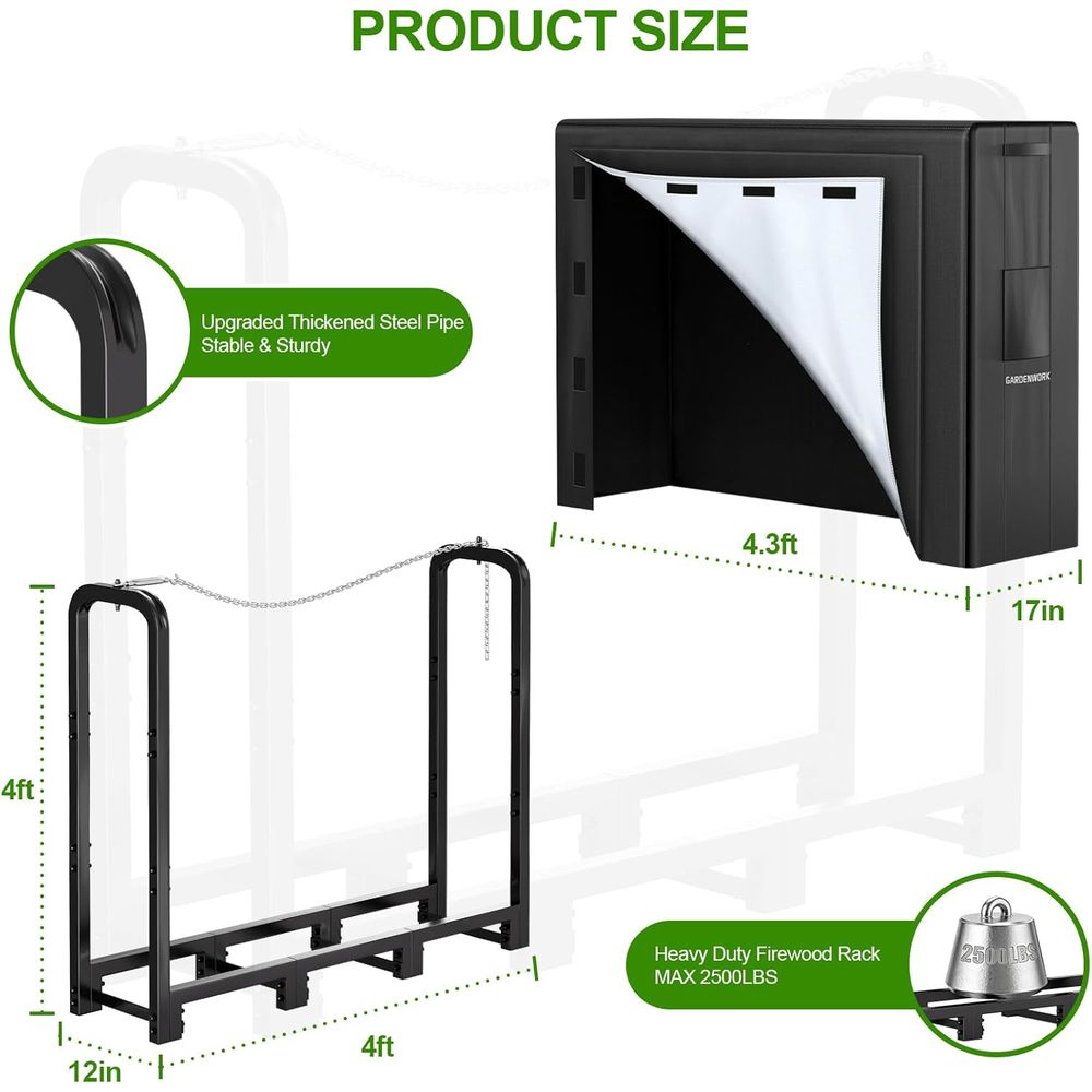 Outdoor Heavy Duty Firewood Storage Rack with Fabric Cover and Adjustable Holder