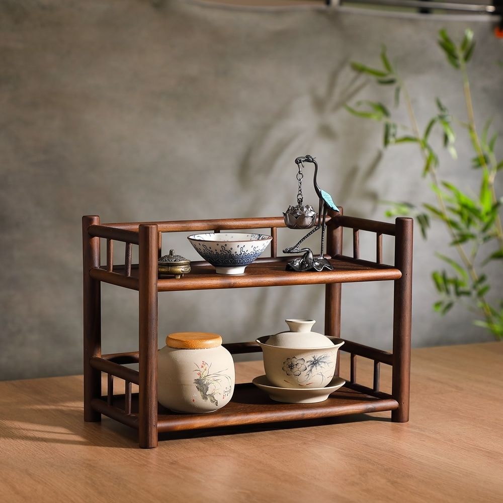 Double Layer Solid Wood Tea Set Organizer Stylish Functional Countertop Storage Stand For Tea Table 0