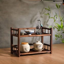 double layer solid wood tea set organizer stylish, functional countertop storage stand for tea table decor, no assemble