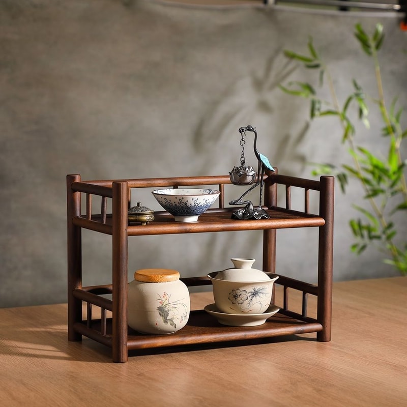 Double Layer Solid Wood Tea Set Organizer Stylish Functional Countertop Storage Stand For Tea Table 0