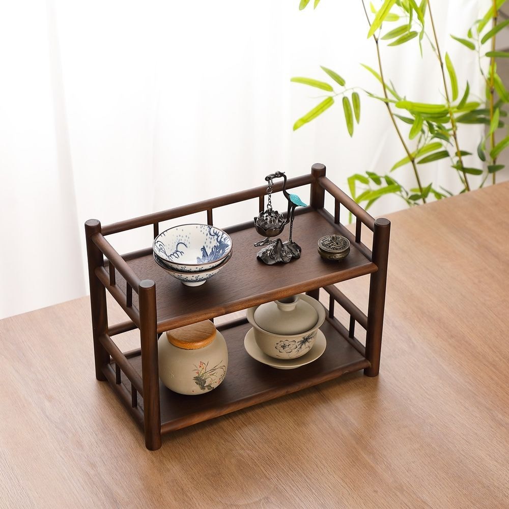 Double Layer Solid Wood Tea Set Organizer Stylish Functional Countertop Storage Stand For Tea Table 3