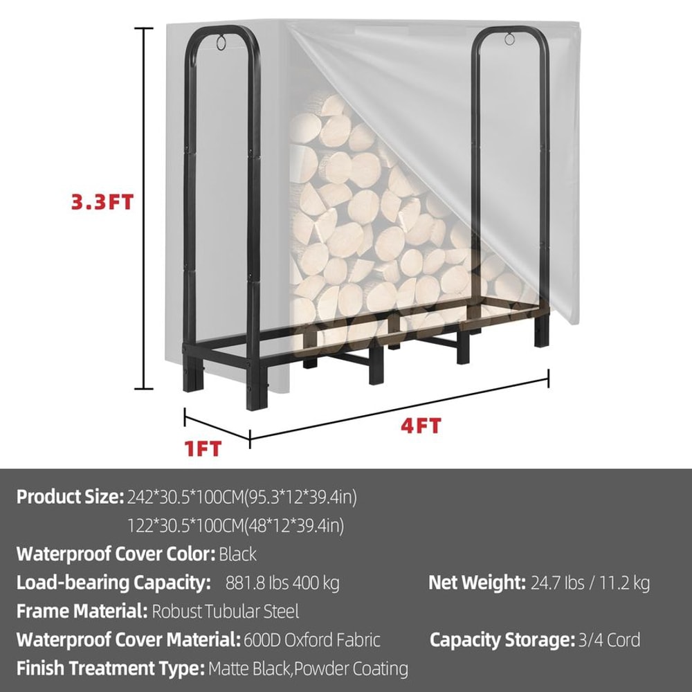 Heavy Duty Adjustable Firewood Rack with Cover Outdoor Log Storage and Lumber Holder
