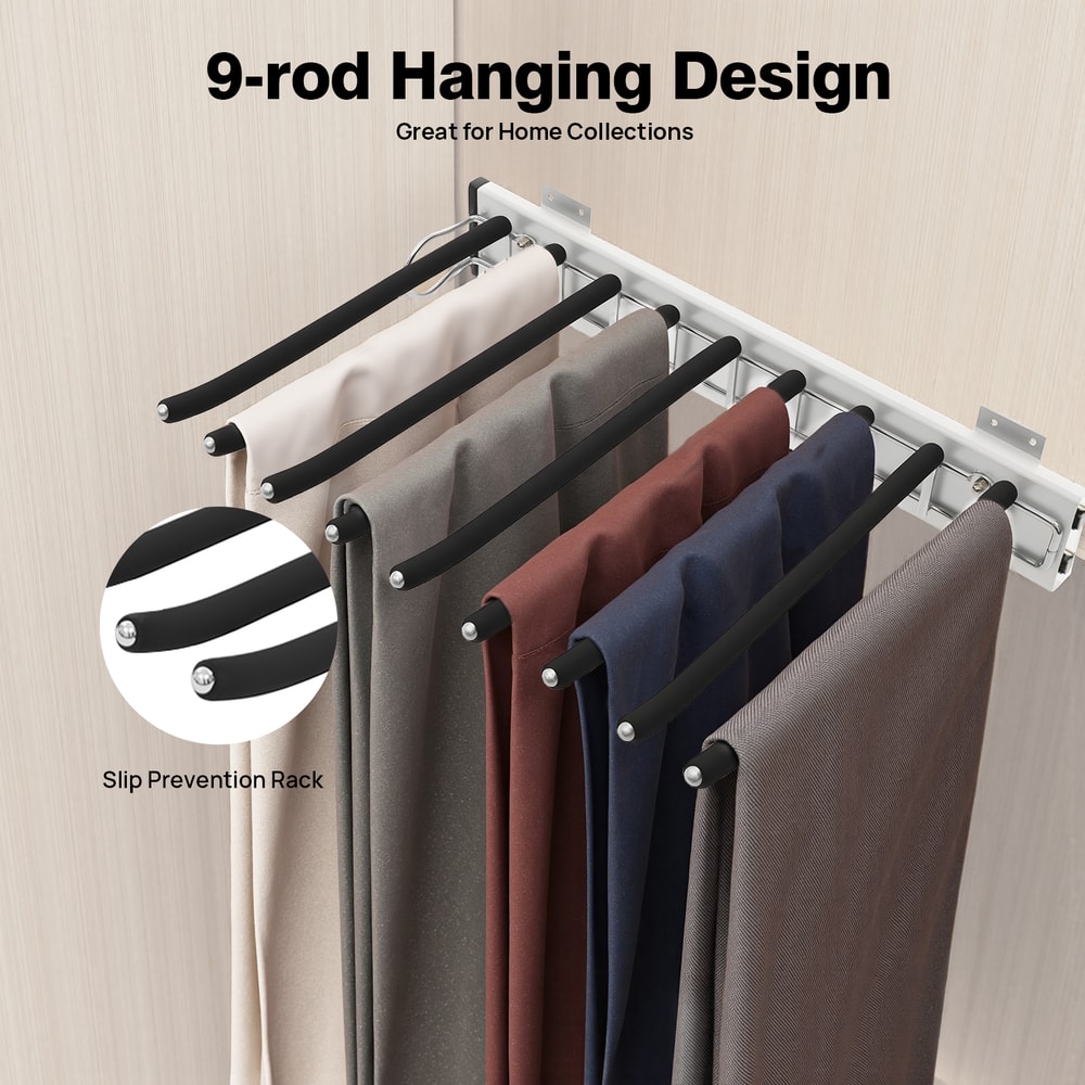 Rod Side Mounted Trousers Hanger PullOut Pants Rack With Flocked Bars For Easy Storage And Organiza 2