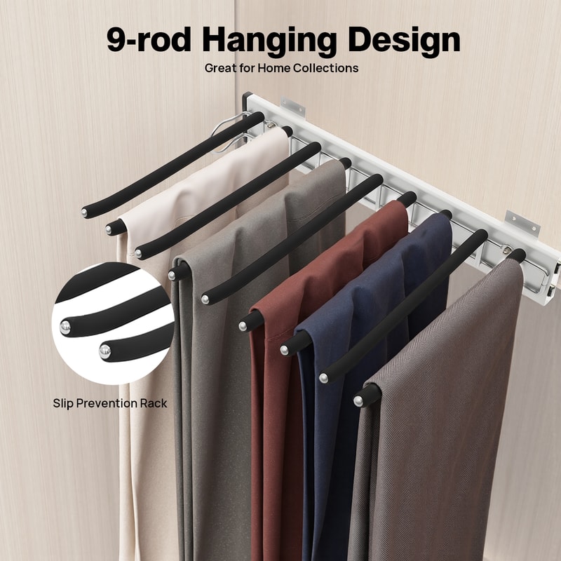 Rod Side Mounted Trousers Hanger PullOut Pants Rack With Flocked Bars For Easy Storage And Organiza 2