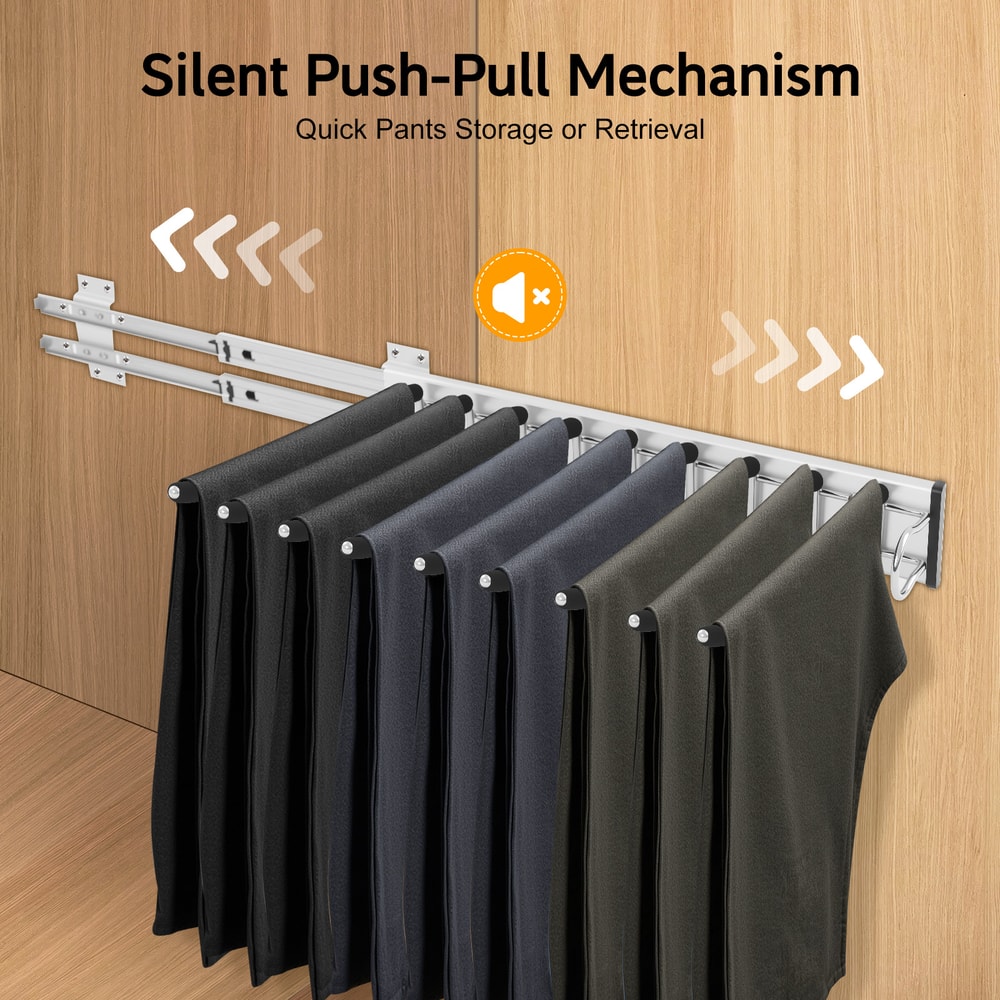 Rod Side Mounted Trousers Hanger PullOut Pants Rack With Flocked Bars For Easy Storage And Organiza 5
