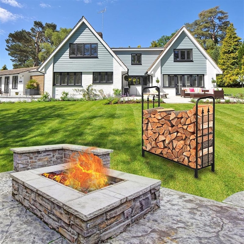 Arrow Style Iron Log Rack for Fireplace Storage Tall, Black Sand Finish, Indoor/Outdoor Firewood Holder