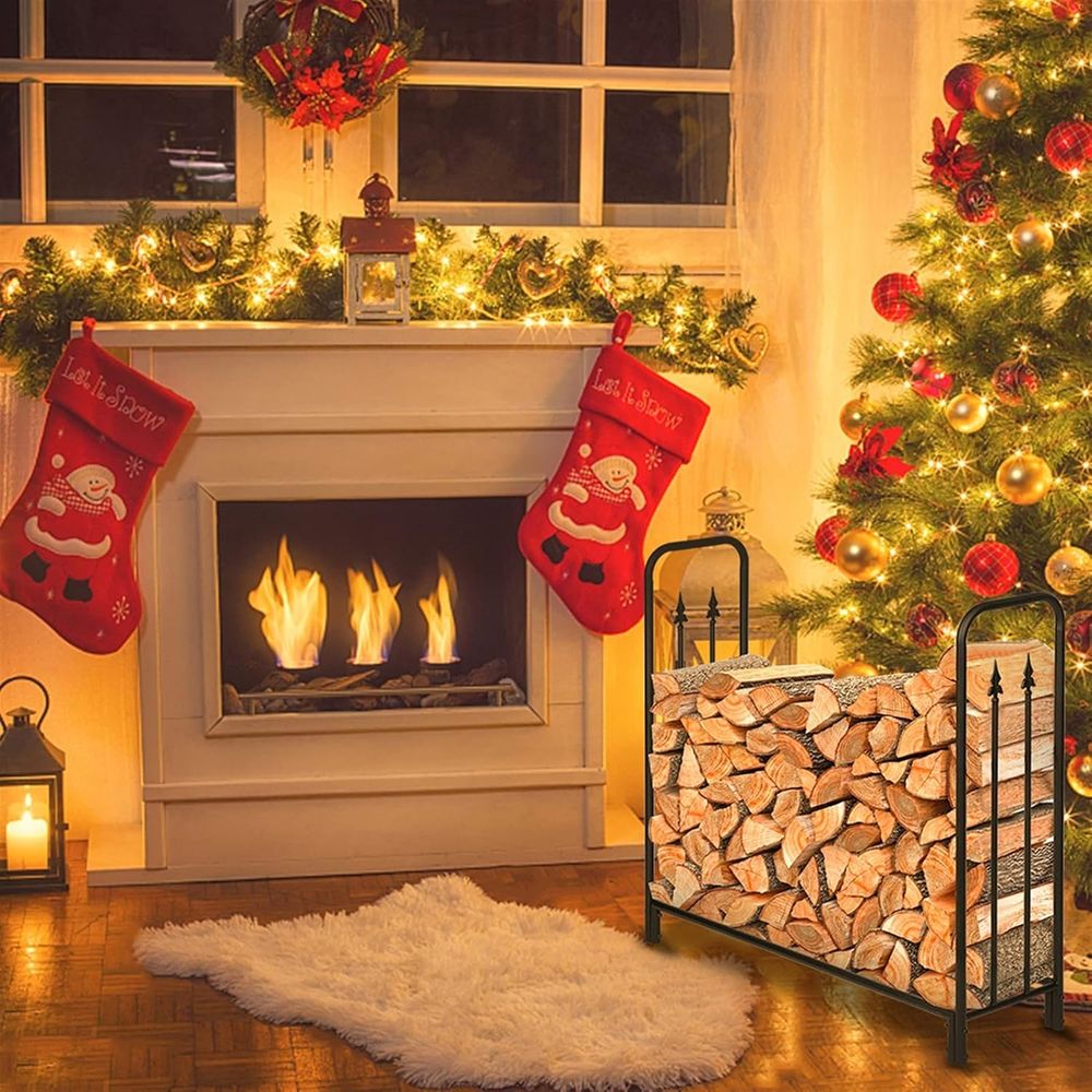 Arrow Style Iron Log Rack for Fireplace Storage Tall, Black Sand Finish, Indoor/Outdoor Firewood Holder