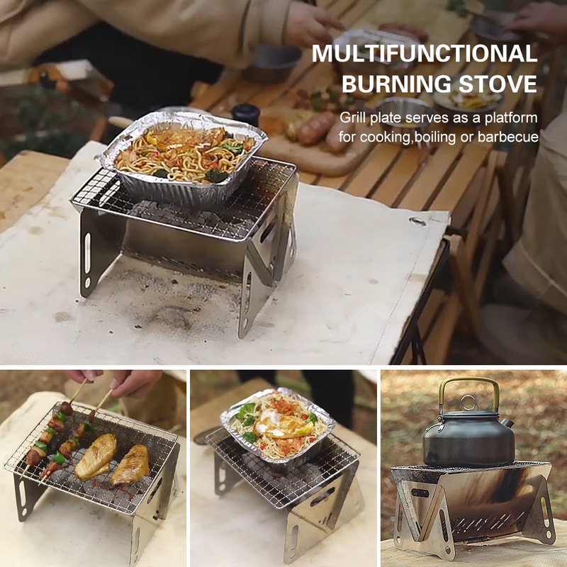 Portable Camping Stove with Grill Plate Folding Wood Burning Backpacking Cooking Stove