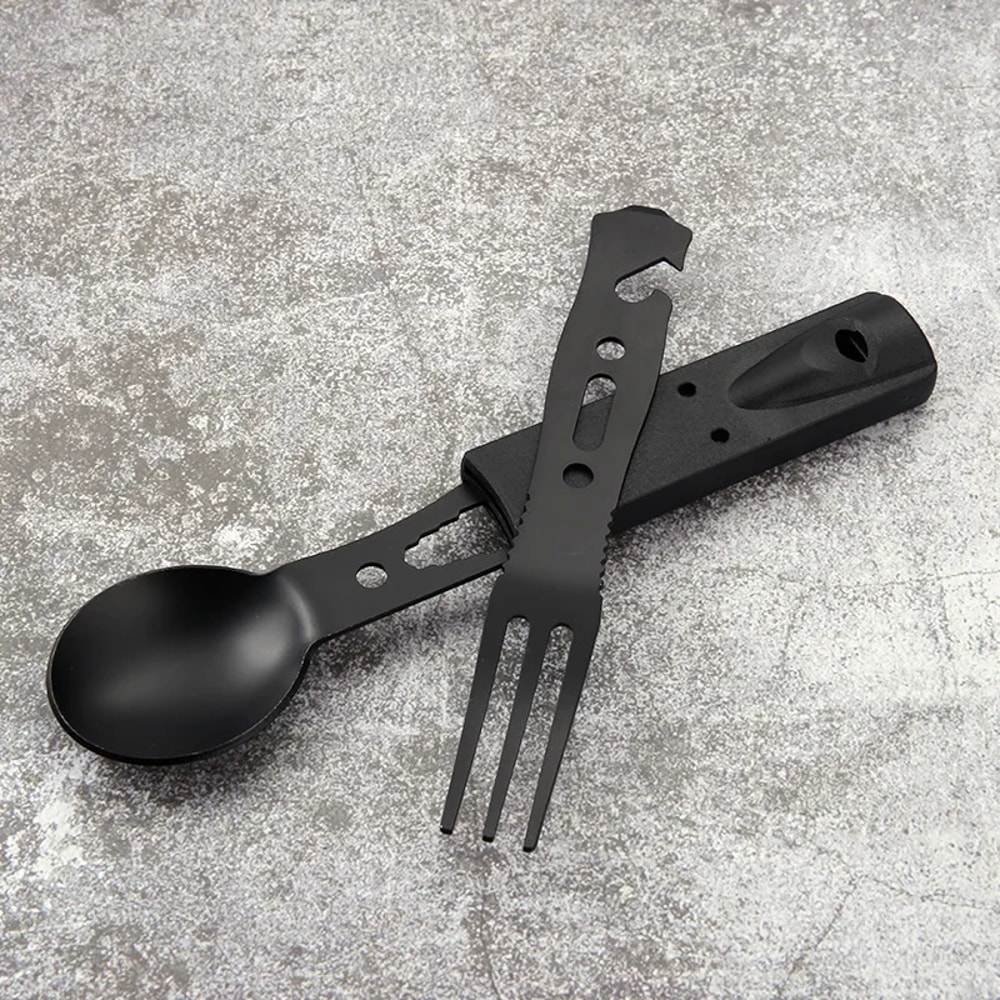 Stainless Steel Camping Utensil Set with Knife, Fork, Spoon & Whistle for Outdoor Survival