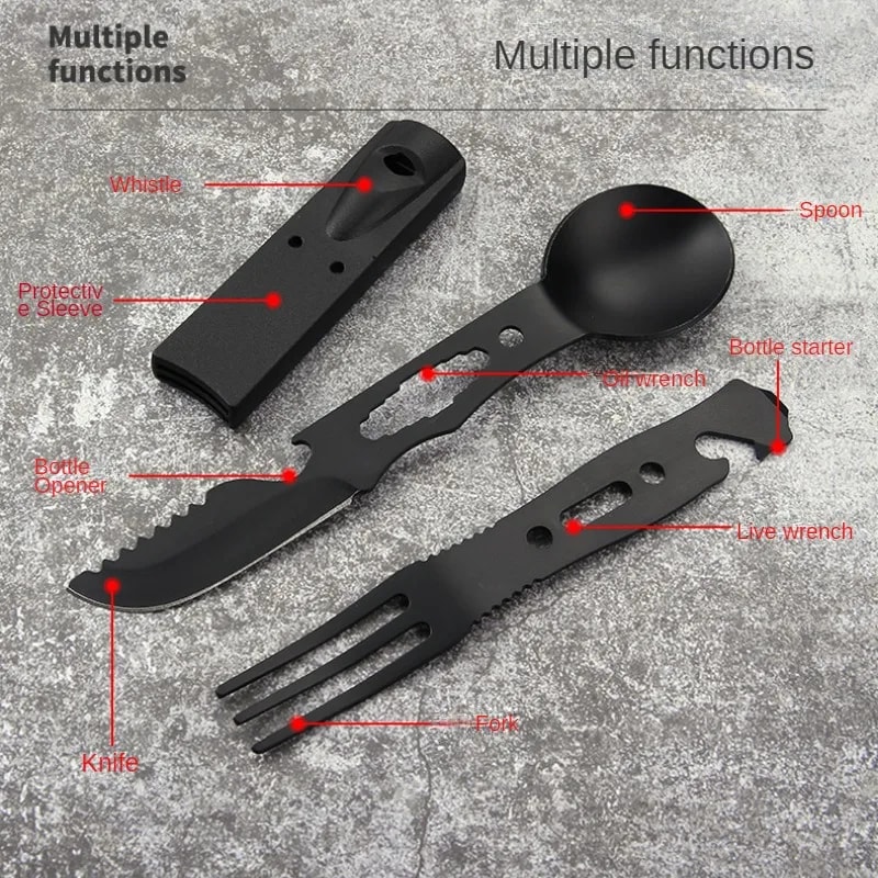 Stainless Steel Camping Utensil Set with Knife, Fork, Spoon & Whistle for Outdoor Survival