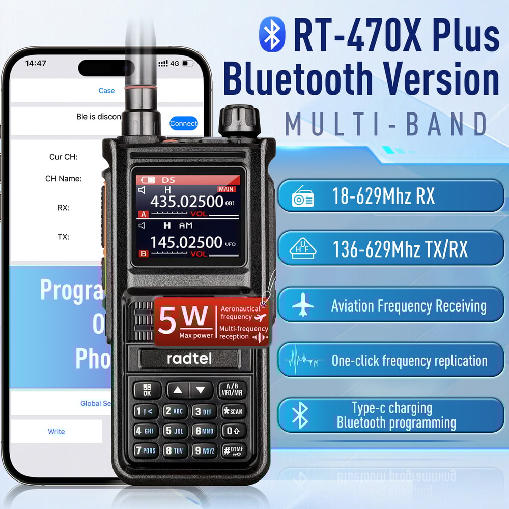 Premium Bluetooth Ham Radio Walkie Talkie Radtel RT Plus Channel Air Band Transceiver 1