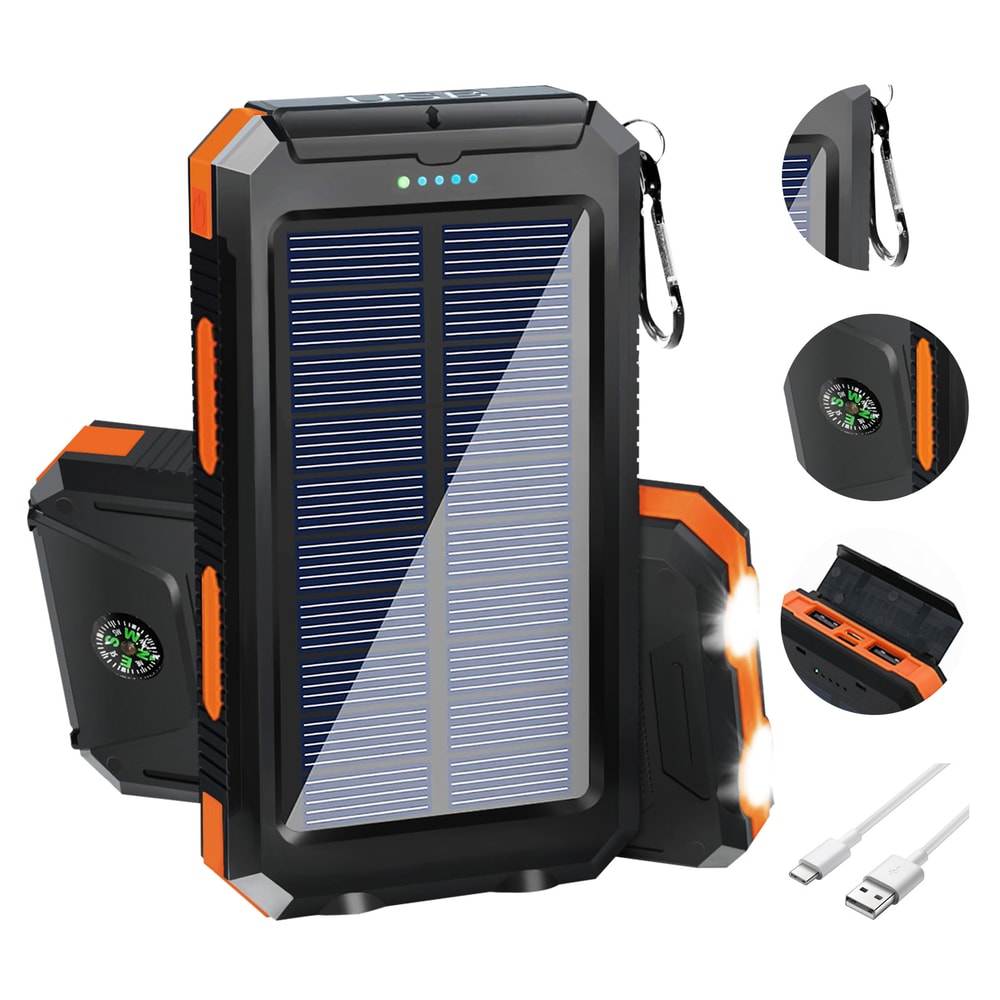 Solar Power Bank with Dual USB & LED Flashlight Portable Waterproof Charger